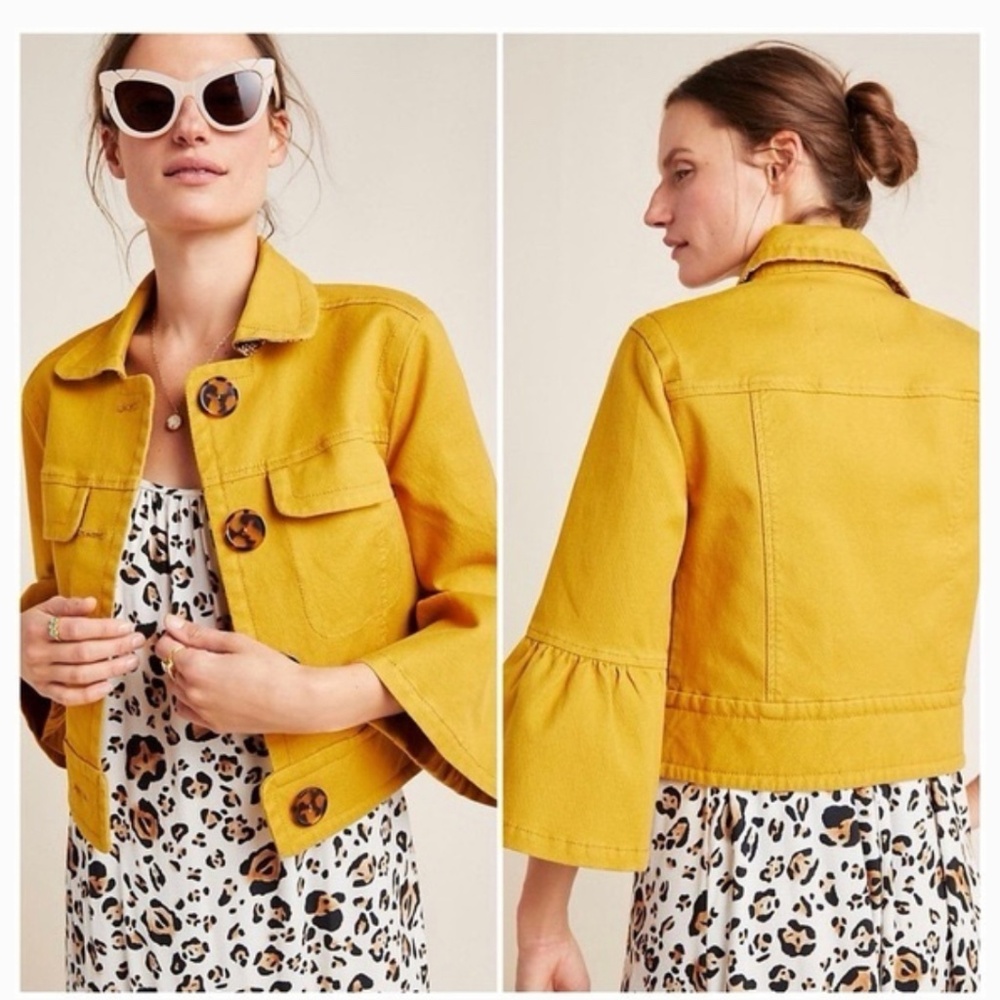 Anthropologie Nora Flounce-Sleeved Jacket Mustard Yellow size xs